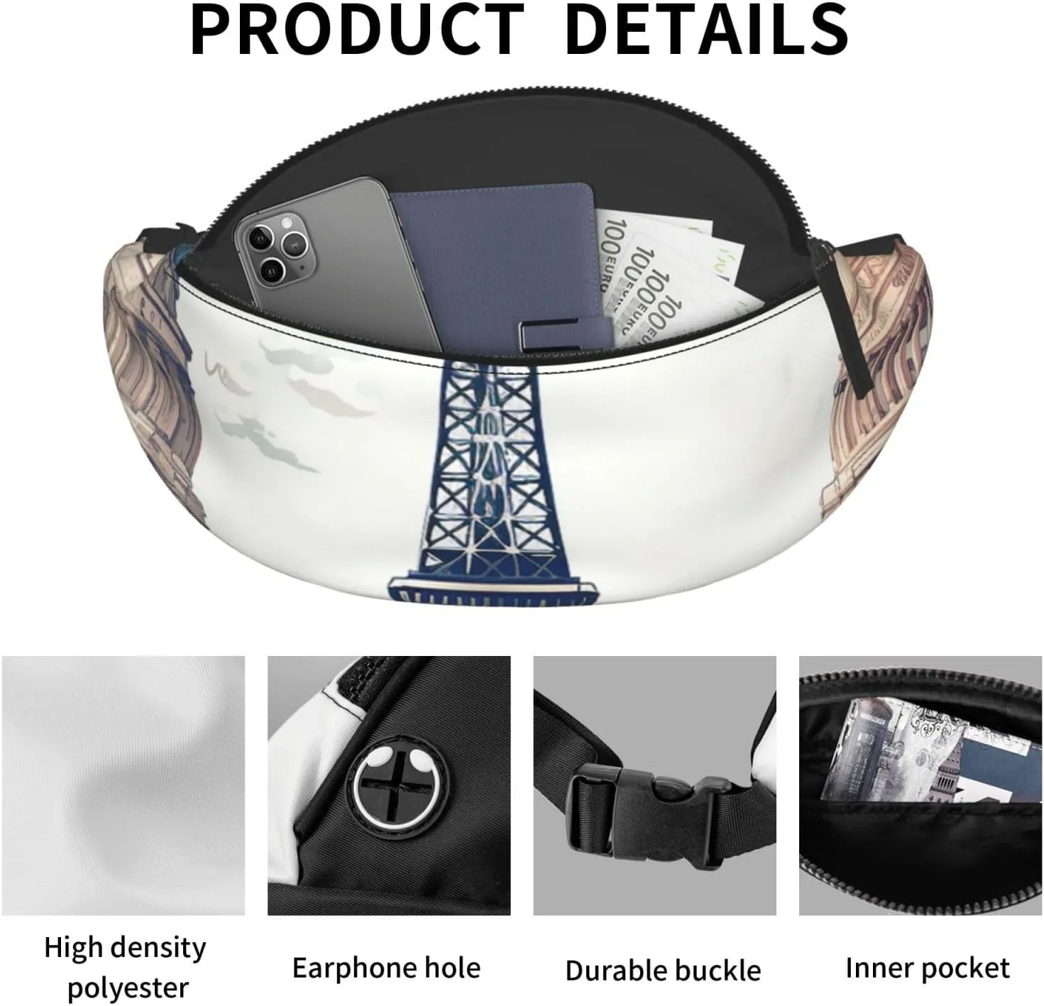 Paris Landmarks Pattern Fanny Pack for Man Women Waist Bag Adjustable Belt Casual Chest Bag Bum Bags for Travel Sports Running Hiking Waist Packs
