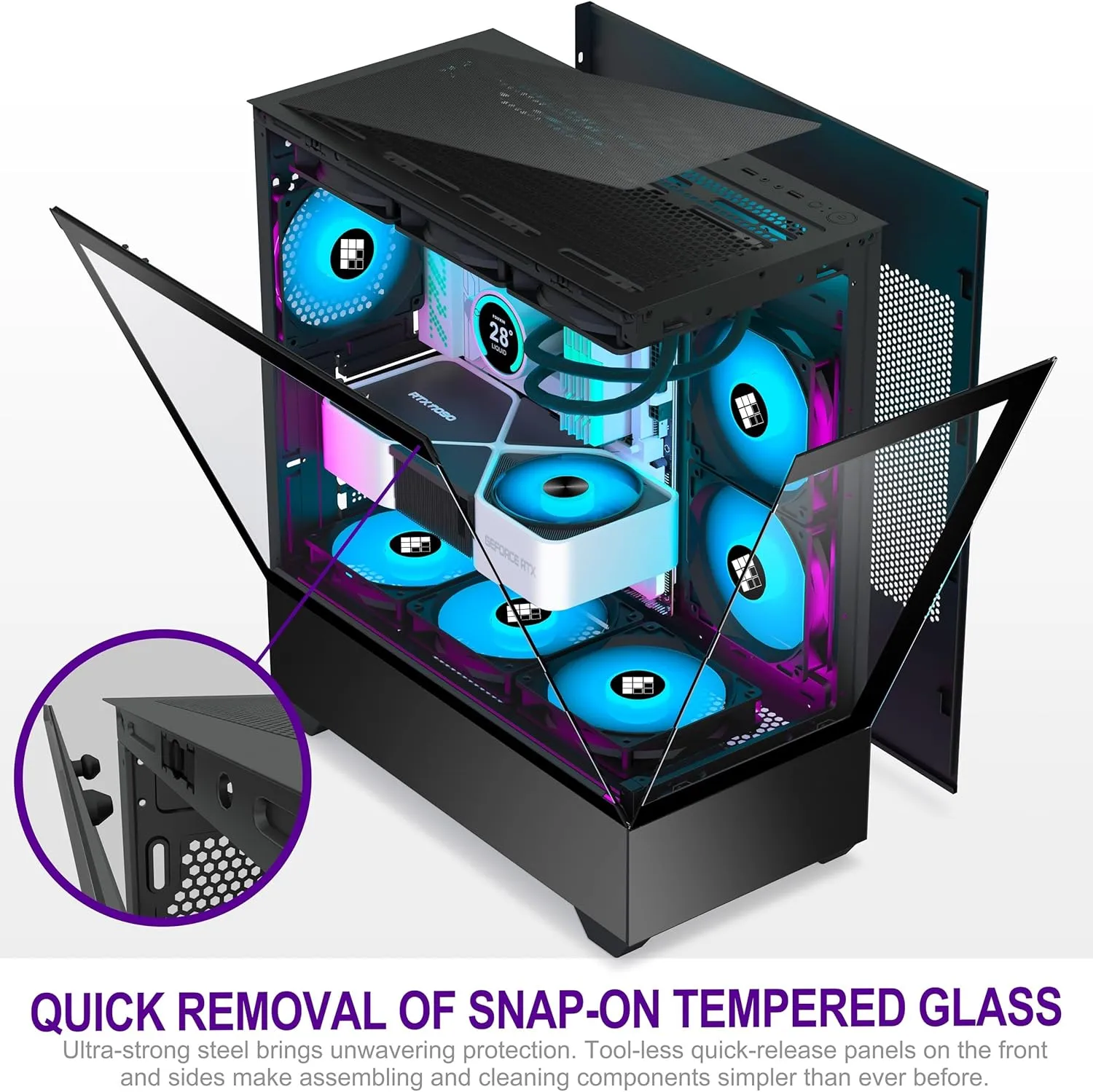 PC Case - Pre-Installed 5 PWM ARGB Fan, ATX Mid-Tower Gaming PC Case,Type-C, FOIFKIN (Black, F1)