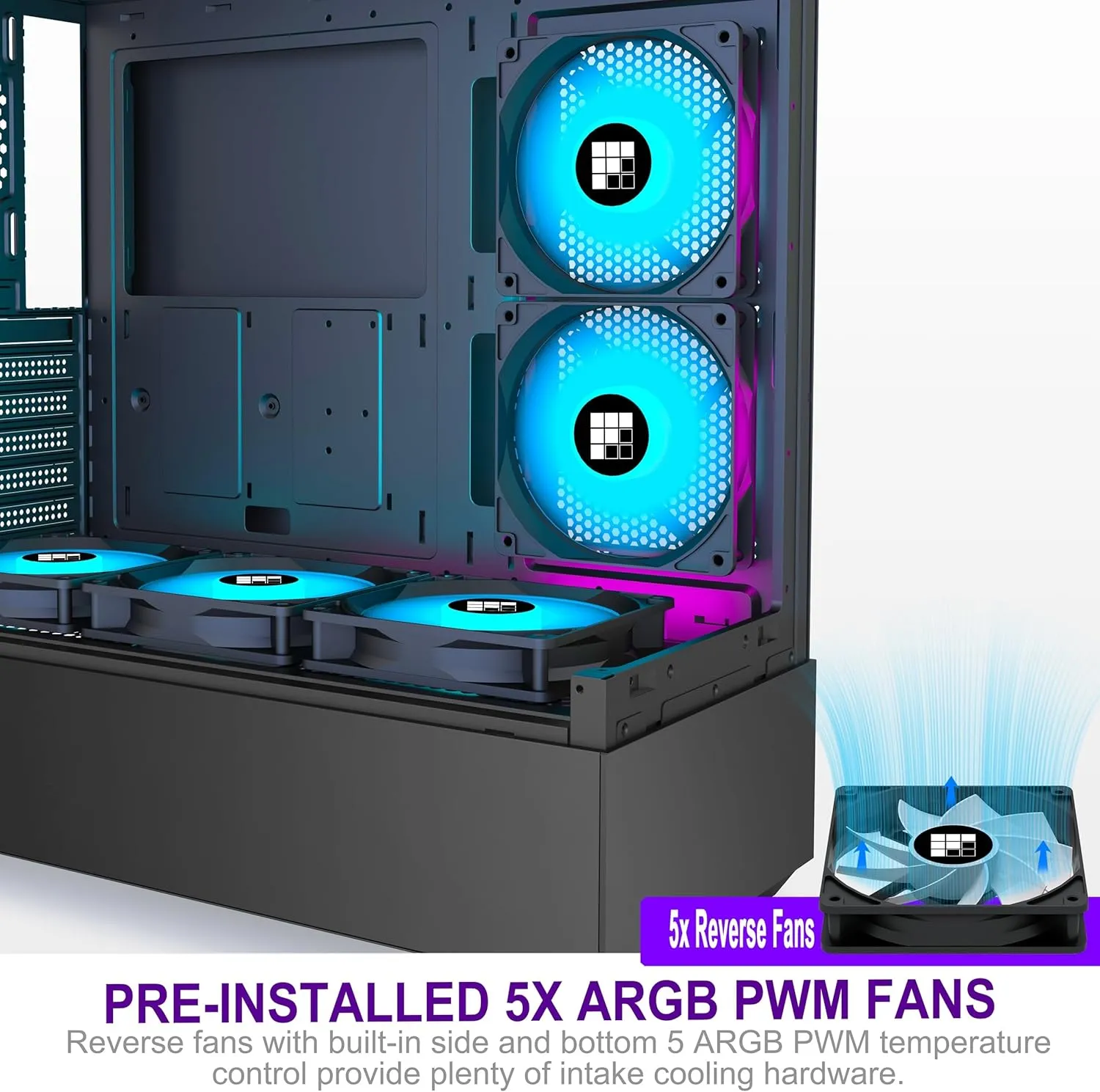 PC Case - Pre-Installed 5 PWM ARGB Fan, ATX Mid-Tower Gaming PC Case,Type-C, FOIFKIN (Black, F1)