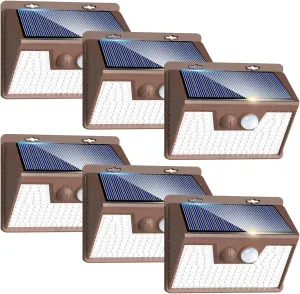 Peasur Solar Lights Outdoor Motion Sensor [6 Pack/140LED/Brown], Ultra-Bright 3 Mode Fence Security Light Waterproof, Solar Wall Lighting for Patio Yard Step House Outside