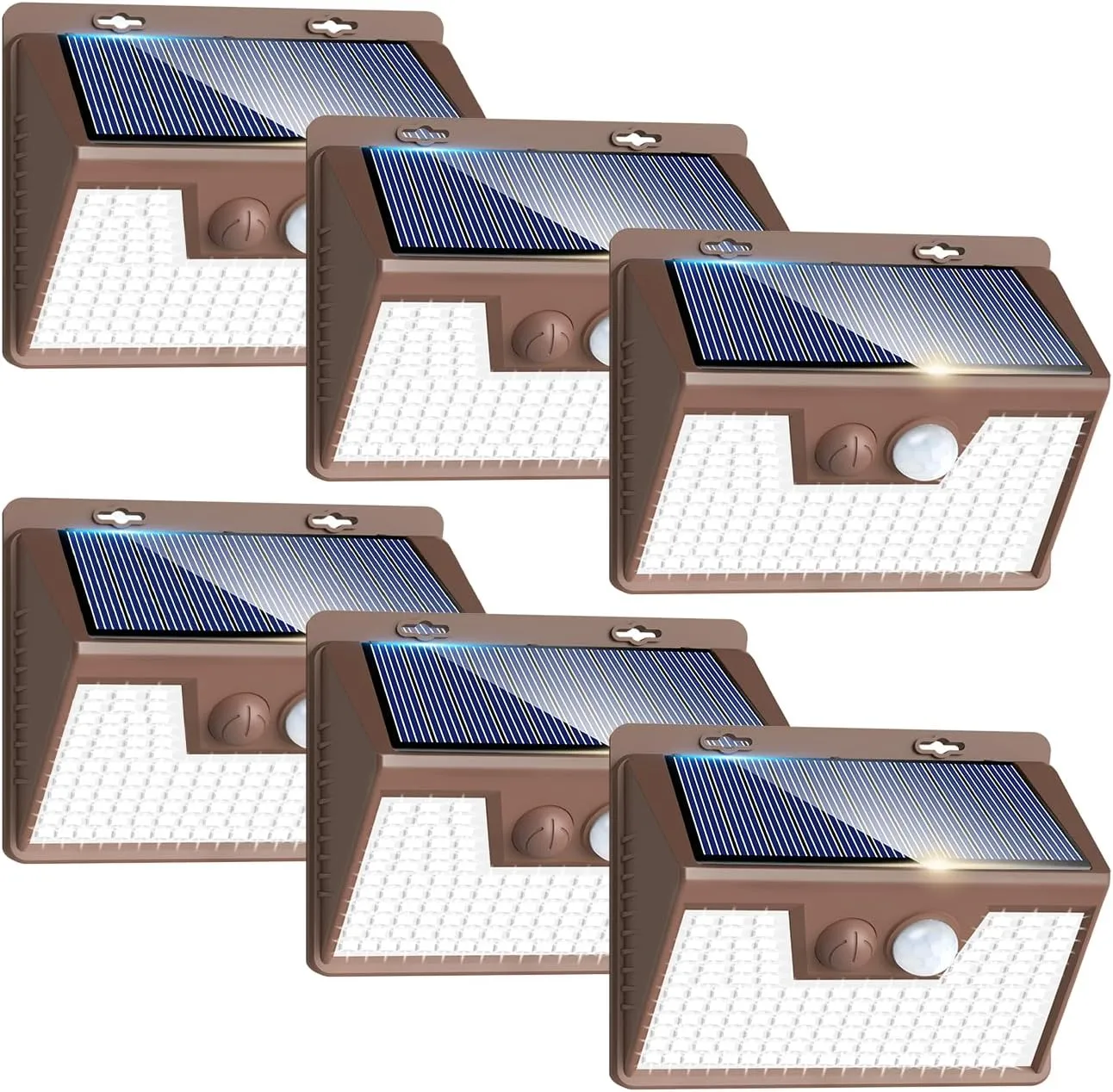 Peasur Solar Lights Outdoor Motion Sensor [6 Pack/140LED/Brown], Ultra-Bright 3 Mode Fence Security Light Waterproof, Solar Wall Lighting for Patio Yard Step House Outside