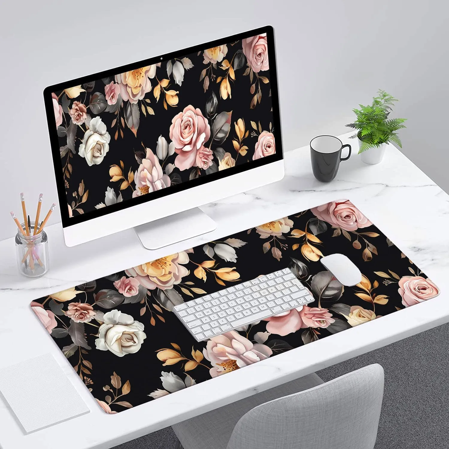 Peony Flowers Gaming Mouse Pad Pink Flowers Extended Gaming Mouse Pad Mat with Stitched Edge Non-Slip Base Big Mouse Pad 31.5"x11.8" Office Computer Keyboard Laptop Home