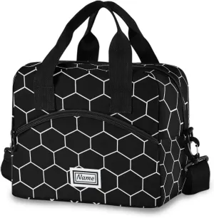 Personalized Insulated Lunch Bag Cooler Tote Bag Box Large for Women Men Hexagonal Grid Black Name Customized School Work Portable Adjustable Shoulder Strap Pocket