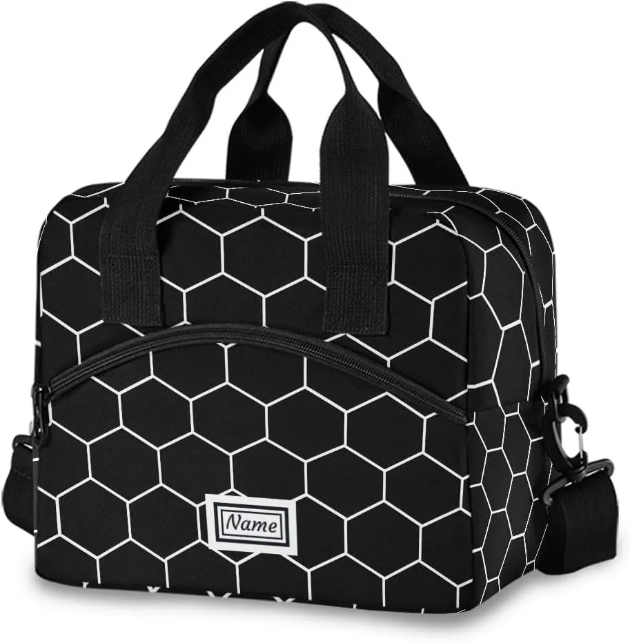Personalized Insulated Lunch Bag Cooler Tote Bag Box Large for Women Men Hexagonal Grid Black Name Customized School Work Portable Adjustable Shoulder Strap Pocket