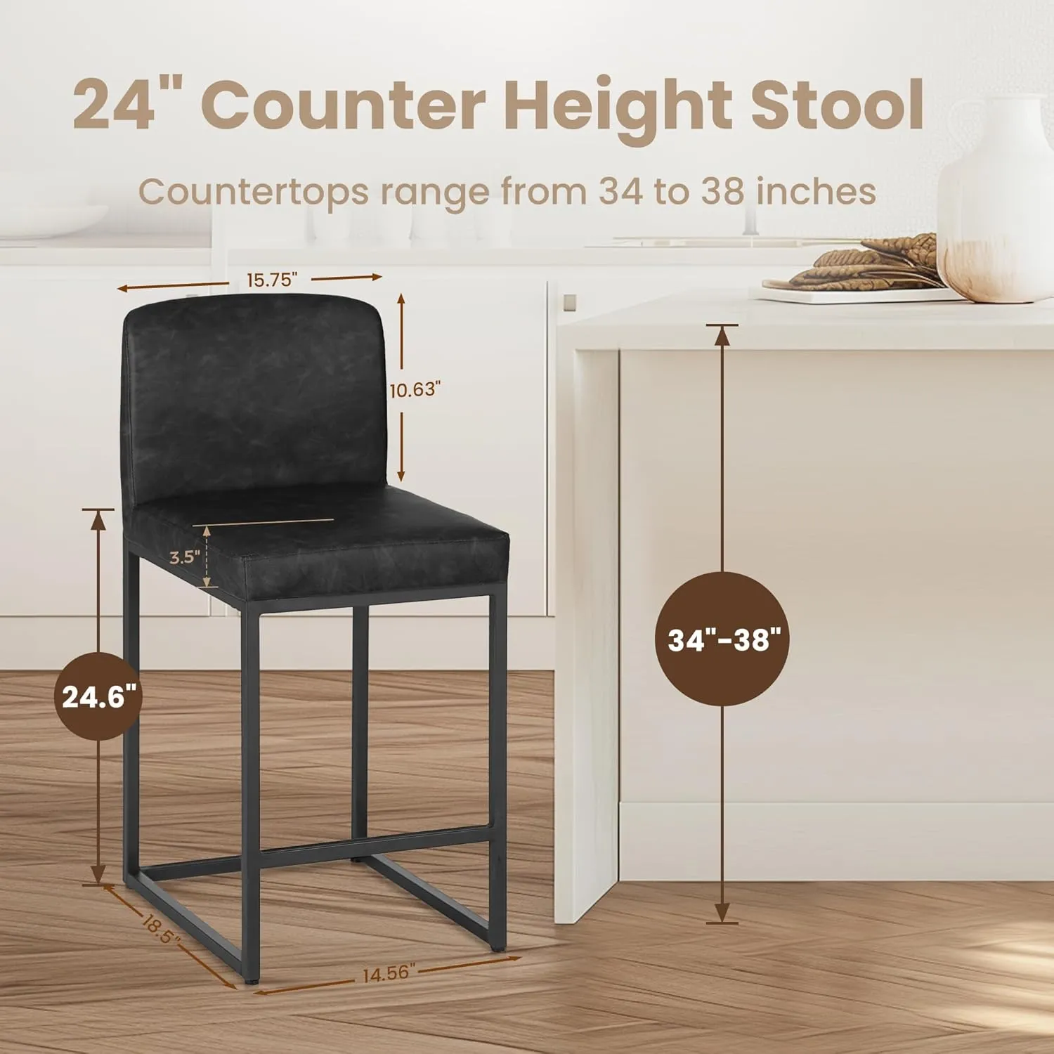 PHI VILLA Black Bar Stools Set of 4 - Counter Height 24'' Bar Stool Pu Leather Kitchen Modern Bar Chairs, Bar Stools with Back