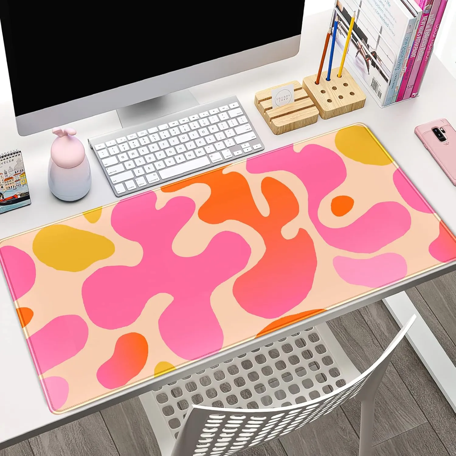 Pink Desk Mat Modern Abstract Large Mouse Pad XXL Cute Pink Desk Pad Keyboard Mat, Desk Accessories for Women Office Decor, Extended Mousepad 31.5''X15.7'' Non-Slip Rubber Base with Stitched Edges