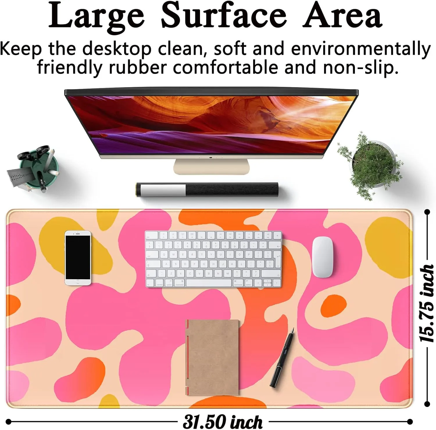 Pink Desk Mat Modern Abstract Large Mouse Pad XXL Cute Pink Desk Pad Keyboard Mat, Desk Accessories for Women Office Decor, Extended Mousepad 31.5''X15.7'' Non-Slip Rubber Base with Stitched Edges
