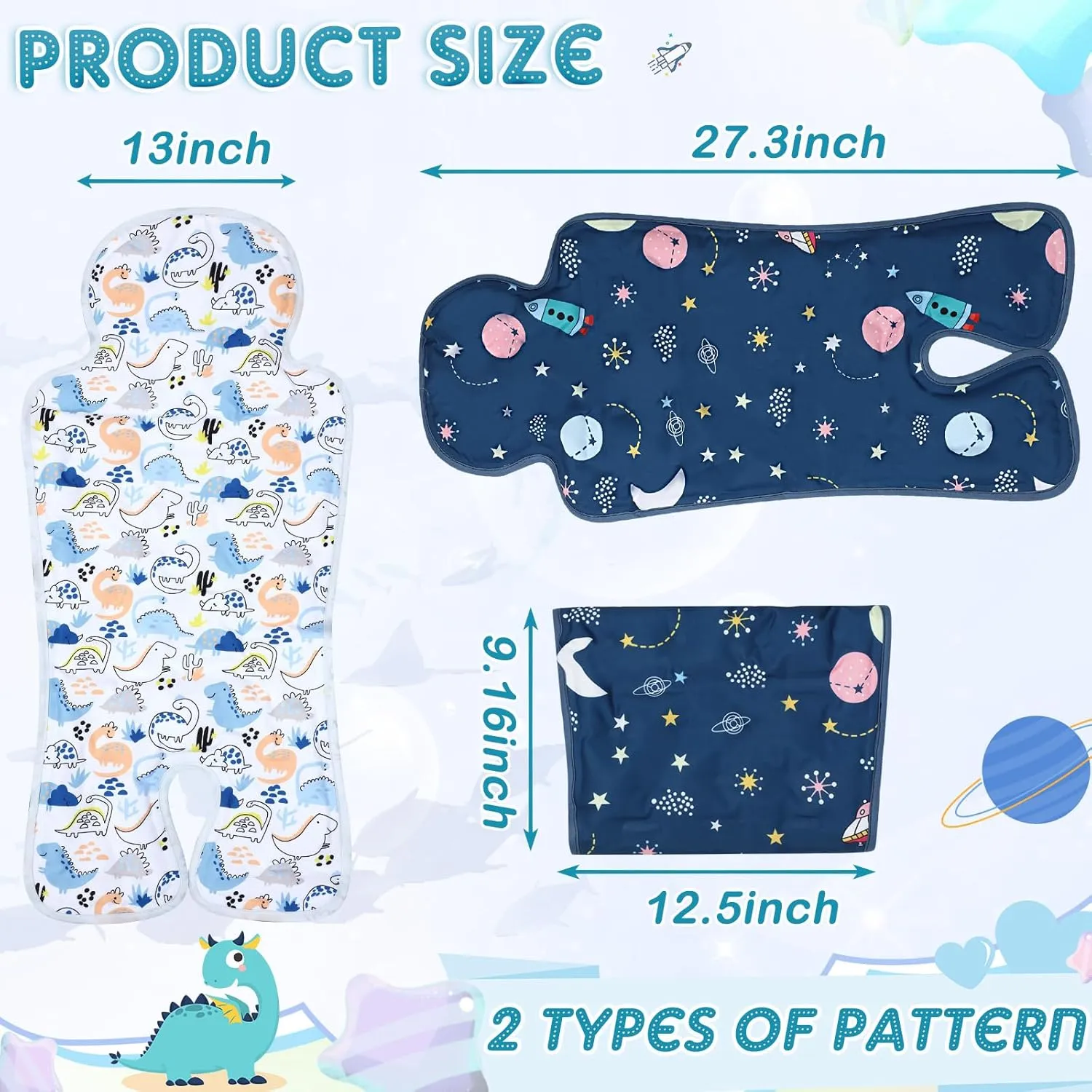 Pinkunn 2 Pcs Gel Car Seat Cooling Pad for Baby Summer Breathable Ice Cushion Multifunctional Ice Stroller Cooler Mat for Stroller Baby Dining Chair Child Safety Seat(Groovy Color,Space, Dinosaur)