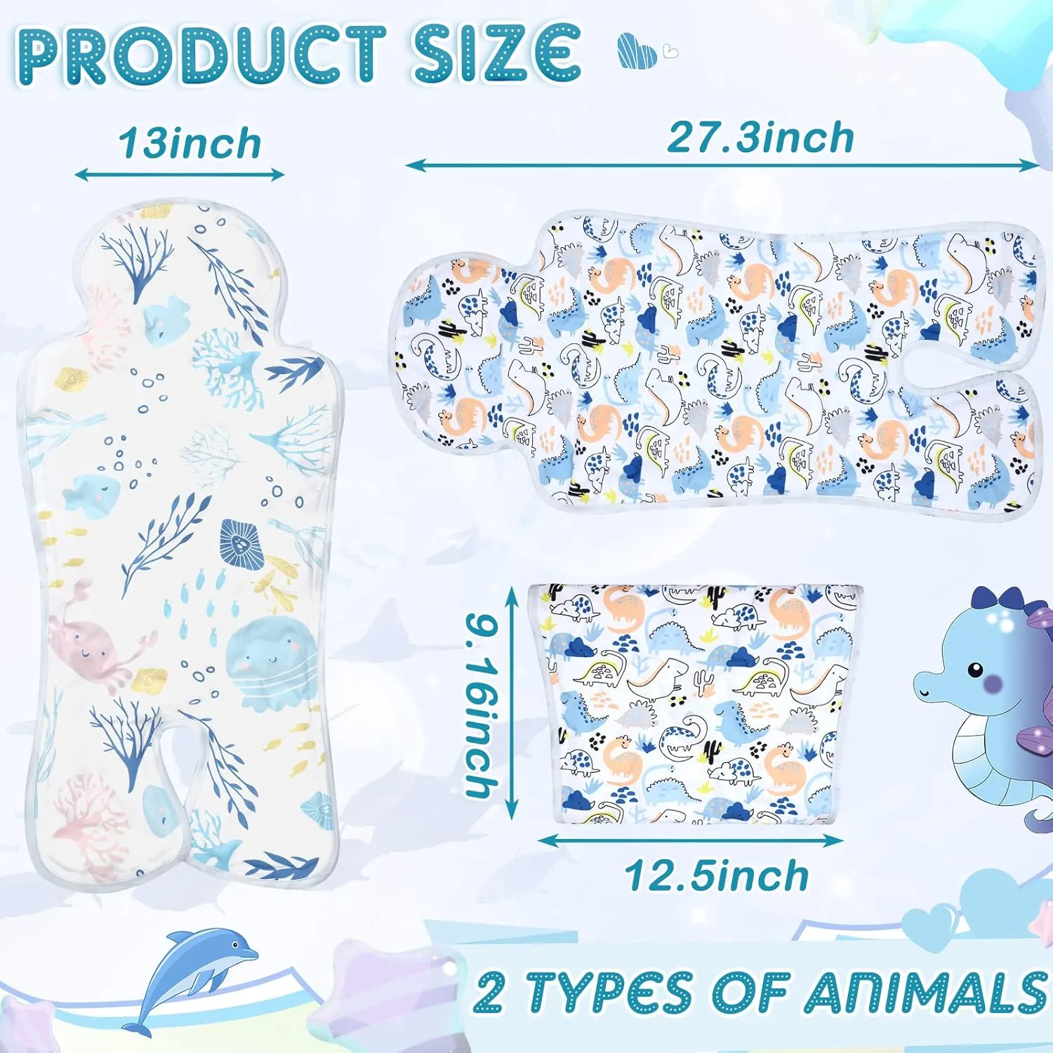 Pinkunn 2 Pcs Gel Car Seat Cooling Pad for Baby Summer Breathable Ice Cushion Multifunctional Ice Stroller Cooler Mat for Stroller Baby Dining Chair Child Safety Seat(Vibrant Color,Dinosaur, Sea)