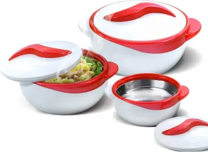 Pinnacle Insulated Casserole Dish with Lid 3 pc. Set 2.6/1.5/1 qt. Hot Pot Food Warmer/Cooler –Thermal Soup/Salad Serving Bowl- Stainless Steel Hot Food Container–Best Gift Set for Moms –Holidays Red