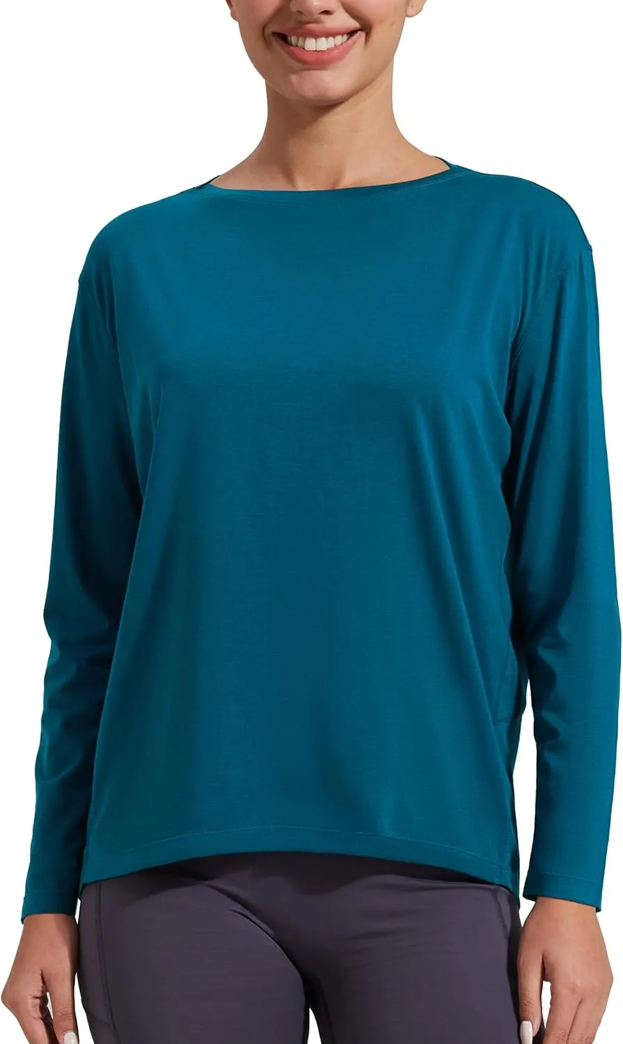 Pioneer Camp Bamboo Viscose Long Sleeve Workout Shirts for Women Back Loose Fit Yoga Athletic T-Shirts Casual Boat Neck Tops