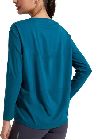 Pioneer Camp Bamboo Viscose Long Sleeve Workout Shirts for Women Back Loose Fit Yoga Athletic T-Shirts Casual Boat Neck Tops