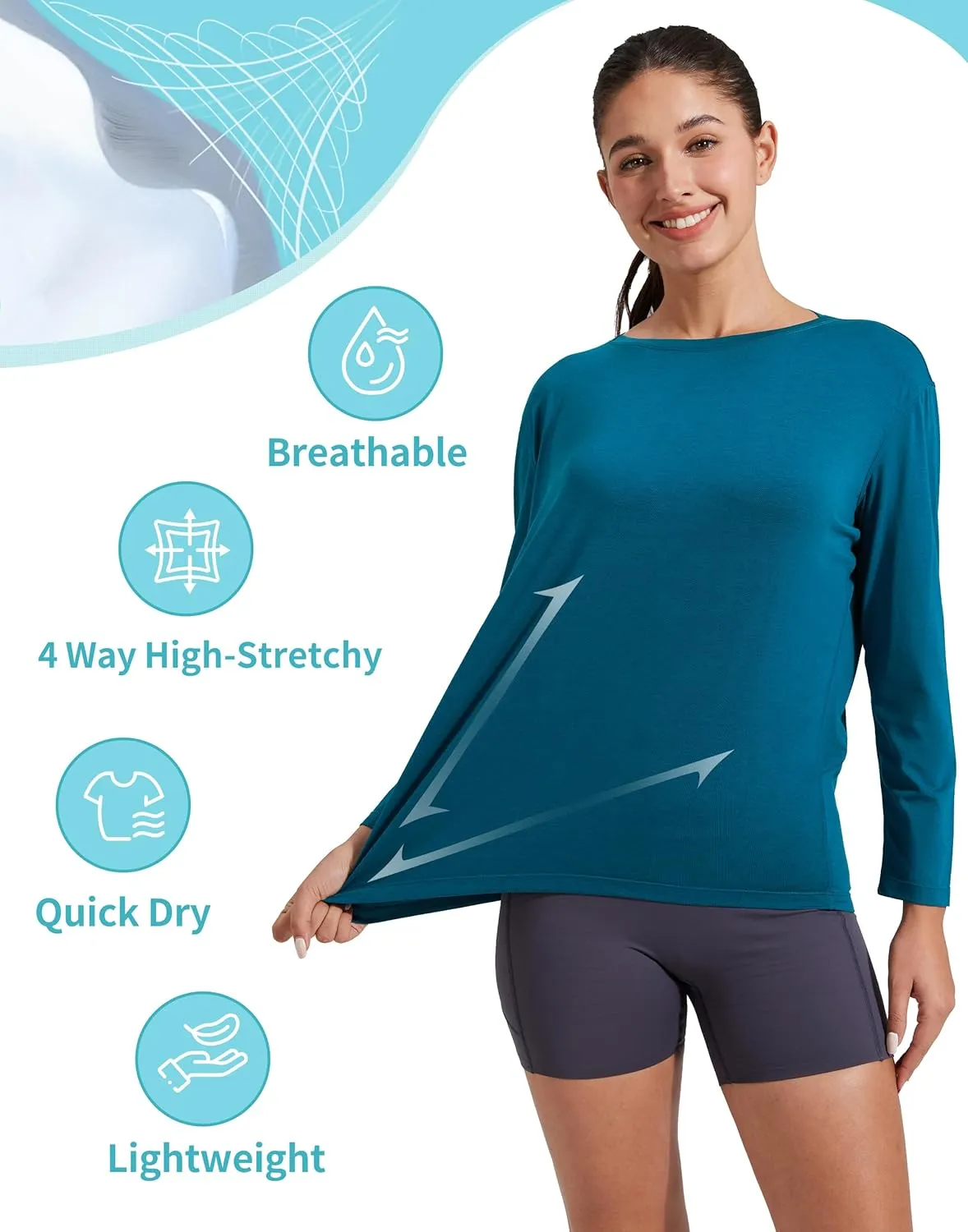 Pioneer Camp Bamboo Viscose Long Sleeve Workout Shirts for Women Back Loose Fit Yoga Athletic T-Shirts Casual Boat Neck Tops