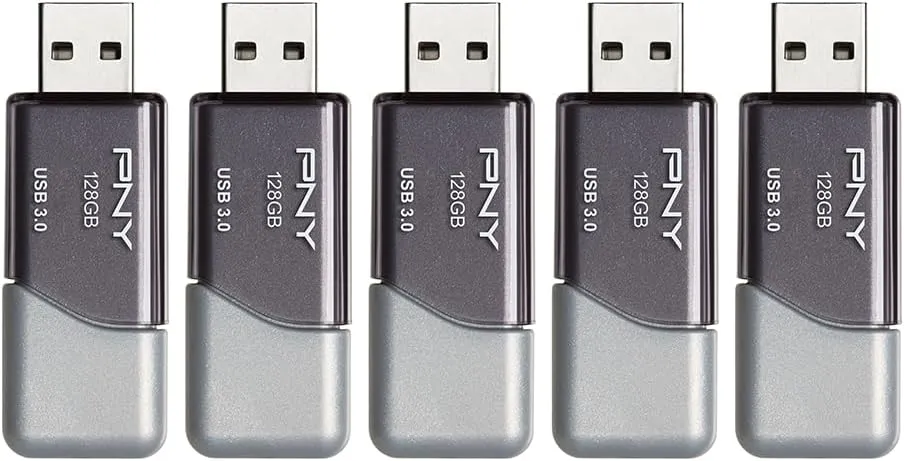 PNY 128GB Turbo Attaché 3 USB 3.0 Flash Drive 5-Pack – Grey, P-FD128X5TBOP-MP, 100MB/s, Light-Weight Durable - Data Storage and Transfer