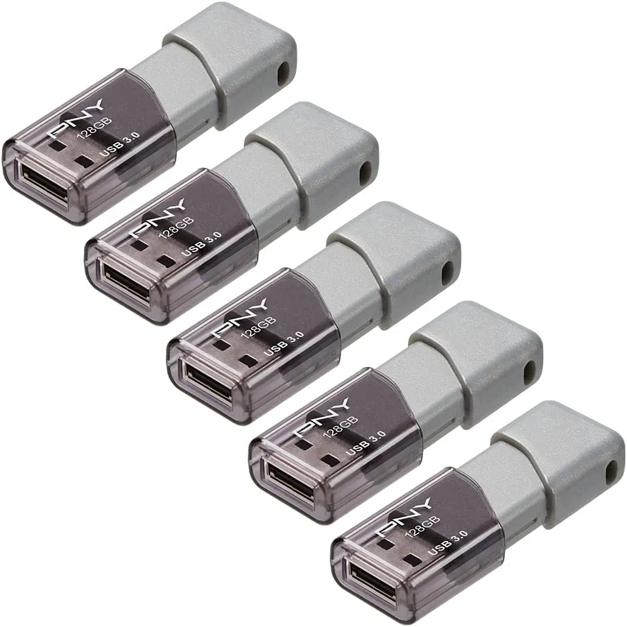 PNY 128GB Turbo Attaché 3 USB 3.0 Flash Drive 5-Pack – Grey, P-FD128X5TBOP-MP, 100MB/s, Light-Weight Durable - Data Storage and Transfer