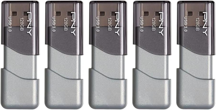PNY 128GB Turbo Attaché 3 USB 3.0 Flash Drive 5-Pack – Grey, P-FD128X5TBOP-MP, 100MB/s, Light-Weight Durable - Data Storage and Transfer
