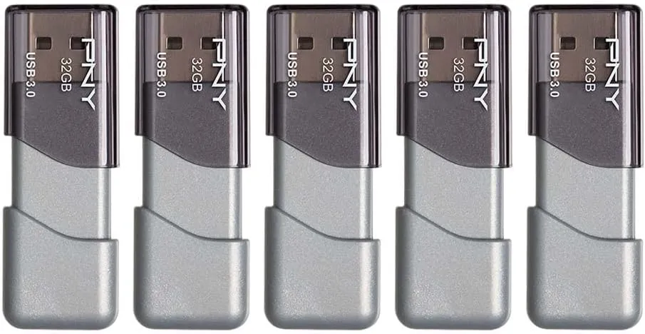 PNY 32GB Turbo Attache 3 USB 3.0 Flash Drive, Grey (Pack of 5)