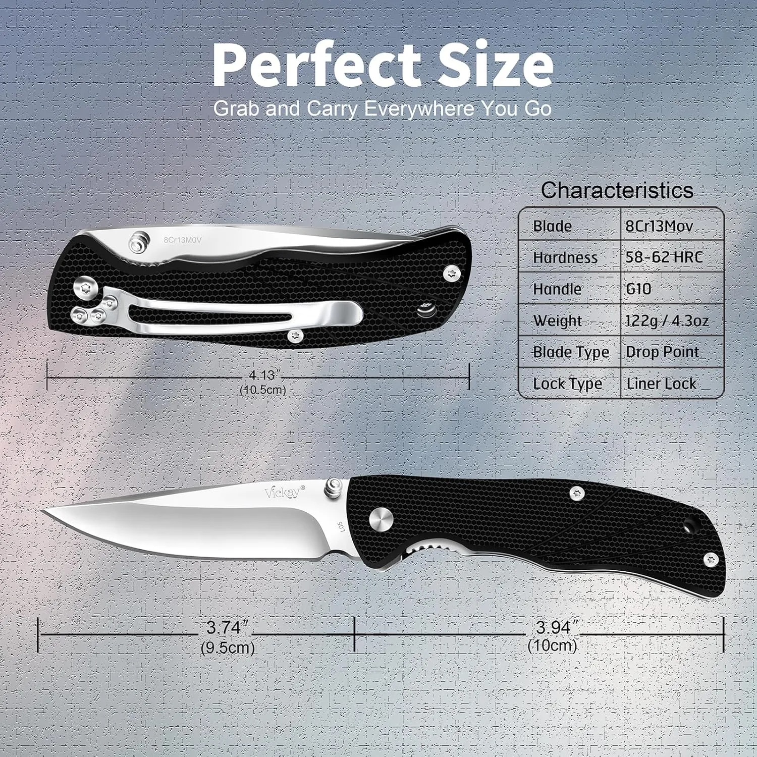 Pocket Knife for Men, Folding Knife with Clip, 3.74-inch 8Cr13MoV Steel Blade, G10 Handle EDC Knife for Outdoor Camping, Tactical, Hunting and Fishing Gift (Black)