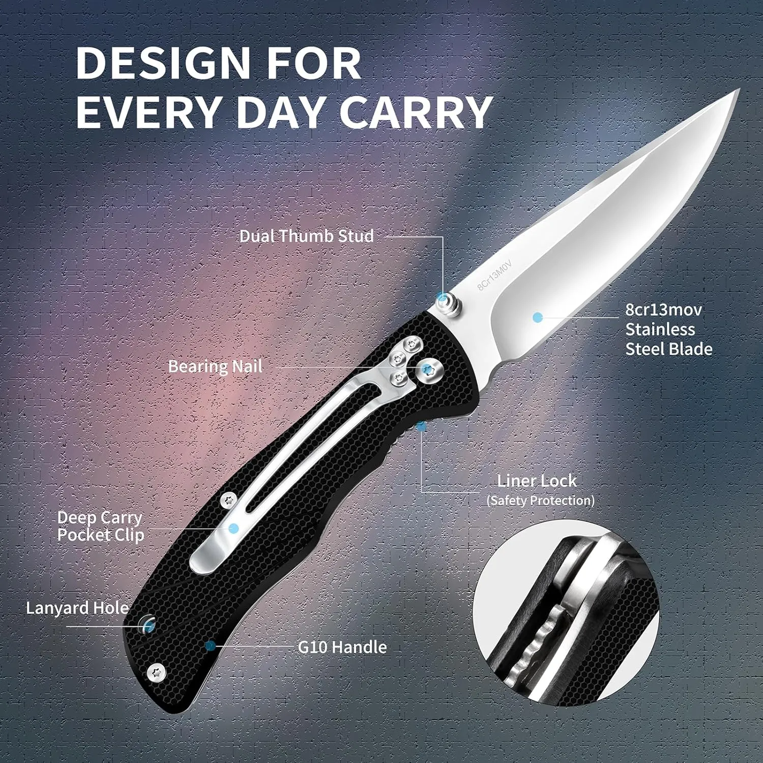 Pocket Knife for Men, Folding Knife with Clip, 3.74-inch 8Cr13MoV Steel Blade, G10 Handle EDC Knife for Outdoor Camping, Tactical, Hunting and Fishing Gift (Black)