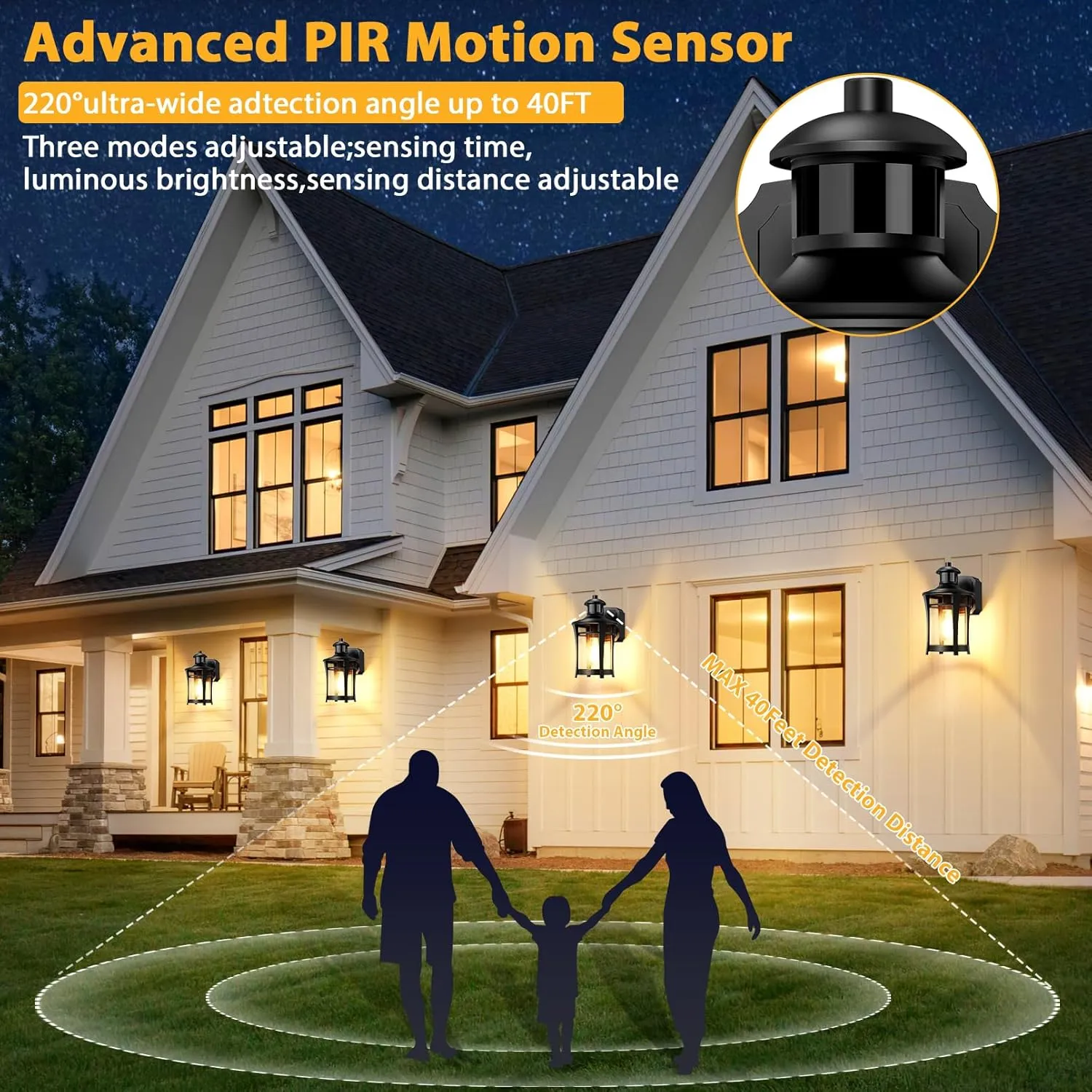 Porch Lights with Outlet, Outdoor Motion Sensor Lights, Dusk to Dawn Exterior Light Fixture, Anti-Rust Waterproof Outdoor Wall Light, Aluminum Outside Lights for House Patio Front Door Garage, Black