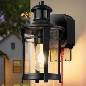 Porch Lights with Outlet, Outdoor Motion Sensor Lights, Dusk to Dawn Exterior Light Fixture, Anti-Rust Waterproof Outdoor Wall Light, Aluminum Outside Lights for House Patio Front Door Garage, Black