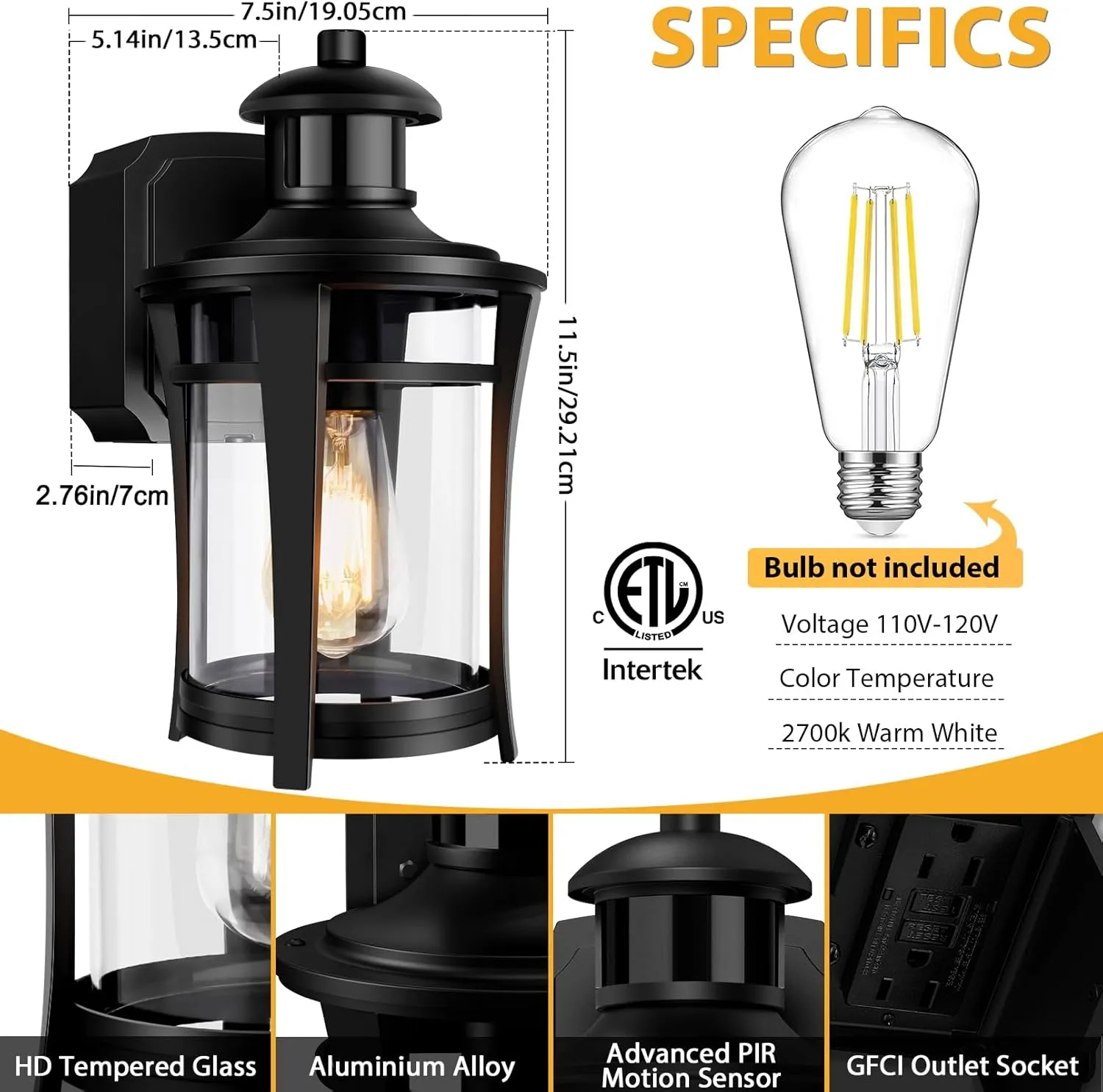 Porch Lights with Outlet, Outdoor Motion Sensor Lights, Dusk to Dawn Exterior Light Fixture, Anti-Rust Waterproof Outdoor Wall Light, Aluminum Outside Lights for House Patio Front Door Garage, Black