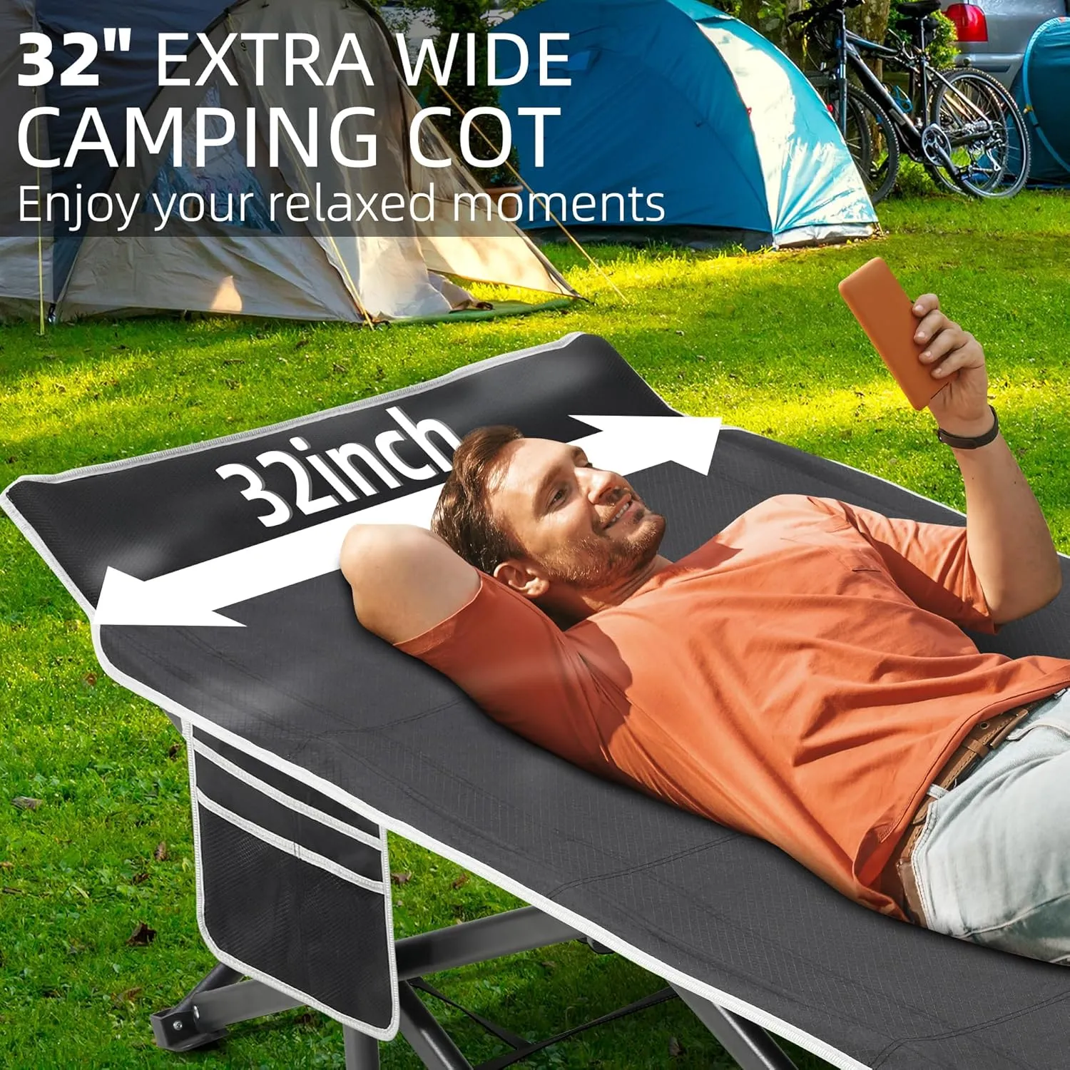 Portable Camping Cot, 32" Extra Wide Camping Cots for Adults with Thick Mattress, Heavy Duty Sleeping Cot Holds Up to 600LBS, Cots for Sleeping, Rv, Beach, Patio, Office Naps(Grey)