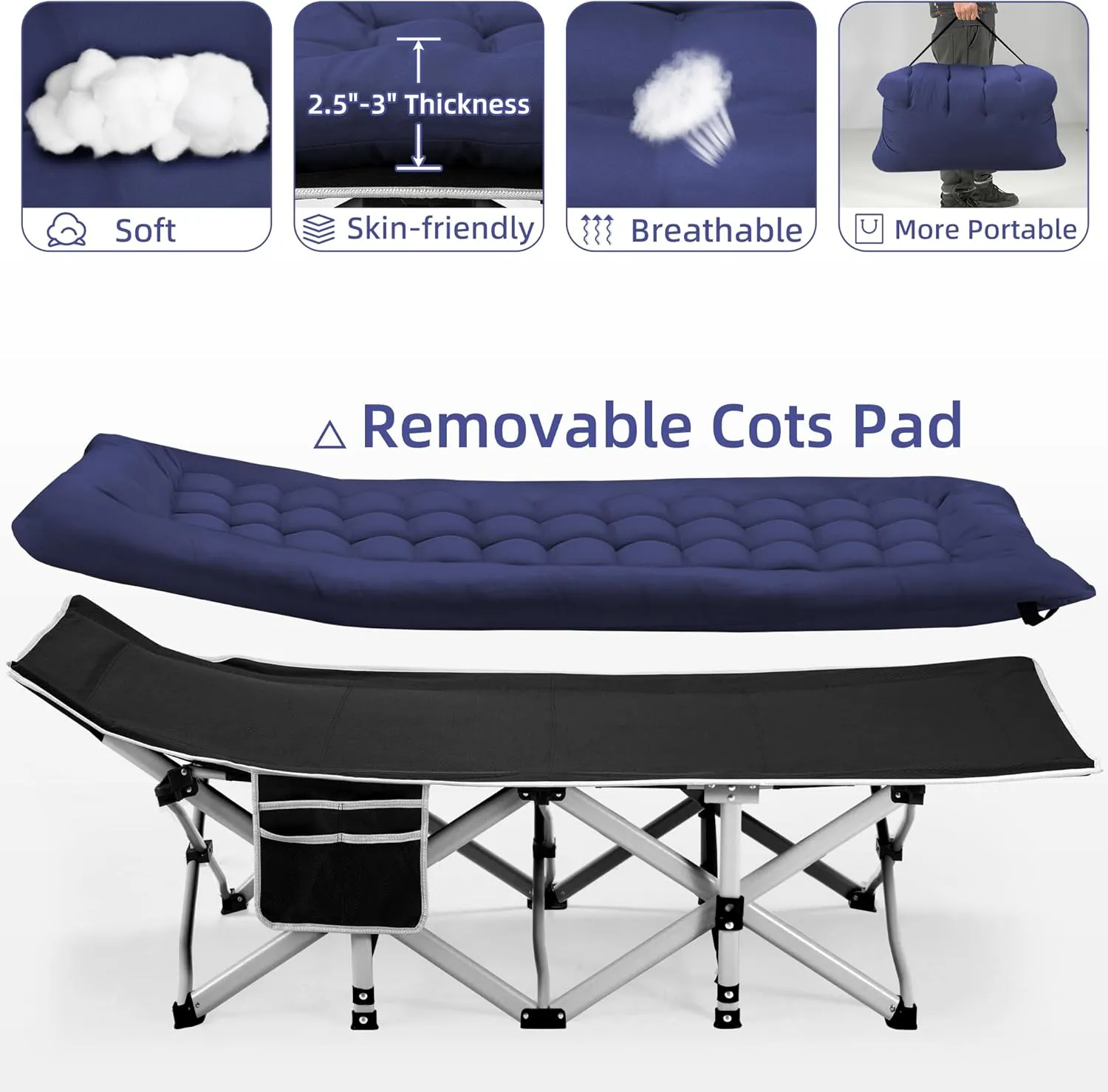 Portable Camping Cot, Sleeping Cot for Adult, 28" Extra Wide Heavy Duty Folding Cot Max Load 600LBS with Thick Mattress, Portable Camping Bed for Camp Outdoor/Office, Home Nap (Blue)