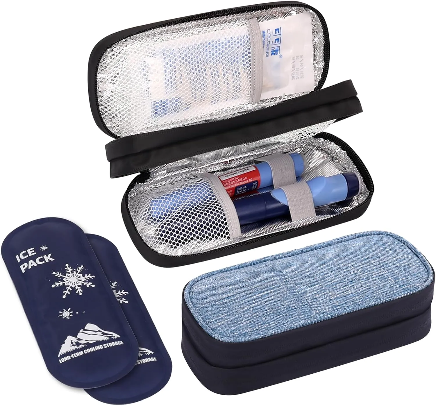 Portable Insulin Cooler Travel Case with 2×180g Ice Packs - Double Layer Insulated Diabetic Bag for Insulin Pens, Glucose Monitor & Medications - Extended Cooling Time (Blue)