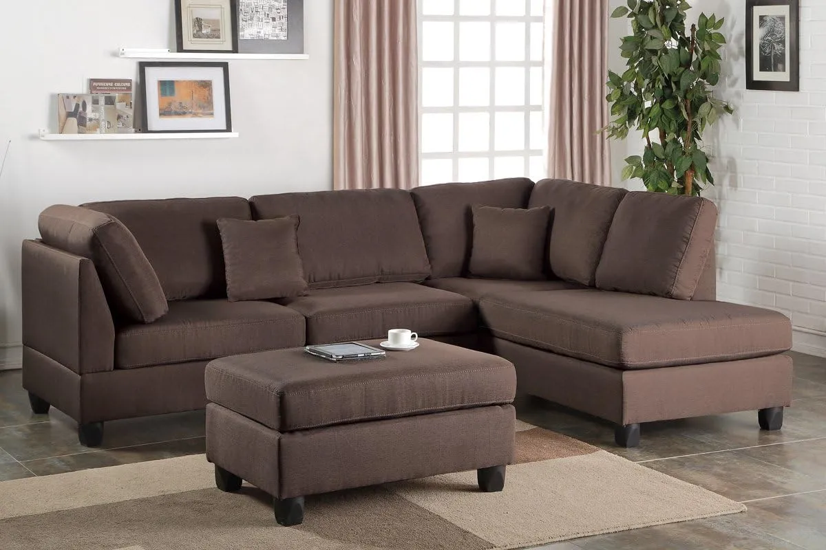 Poundex Bobkona Dervon Linen-Like Left or Right Hand Chaise Sectional with Ottoman Set, Chocolate