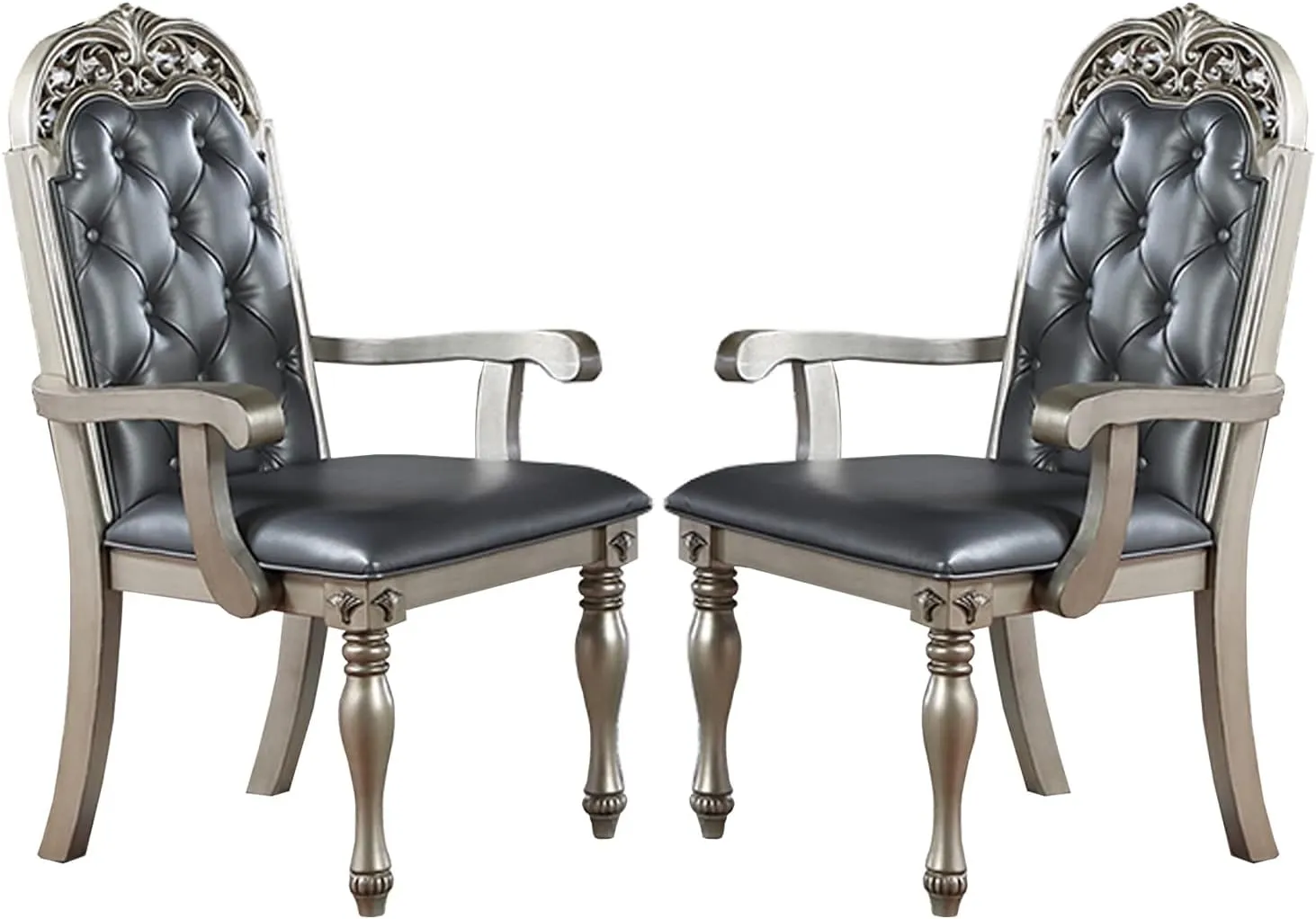 Poundex Set of 2 PU Arm Dining Chair, Dark Grey, Silver