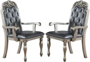 Poundex Set of 2 PU Arm Dining Chair, Dark Grey, Silver