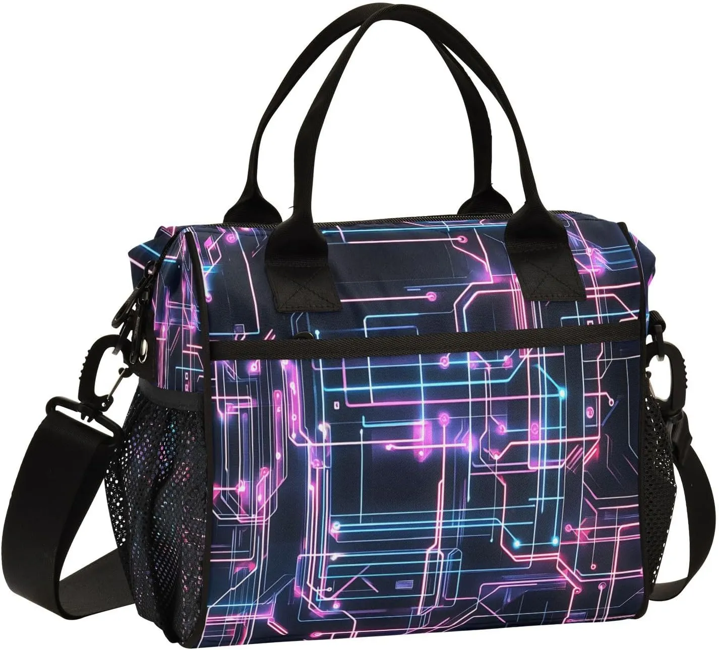 Powder Blue Purple Circuit Board Large Lunch Box for Men Women Adults Insulated Lunch Bag Cooler Bag with Adjustable Shoulder Strap for Work Picnic Travel