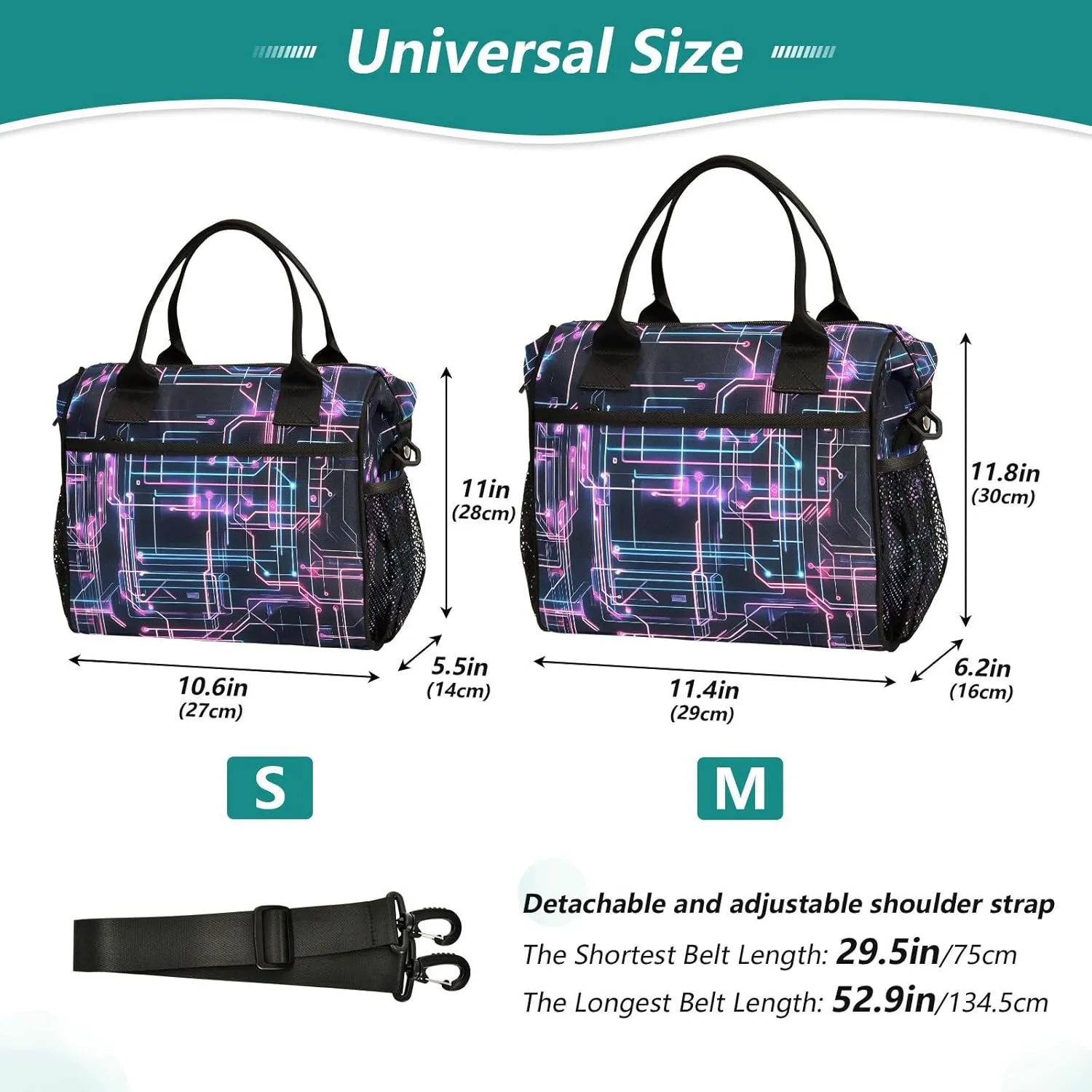Powder Blue Purple Circuit Board Large Lunch Box for Men Women Adults Insulated Lunch Bag Cooler Bag with Adjustable Shoulder Strap for Work Picnic Travel