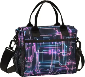 Powder Blue Purple Circuit Board Large Lunch Box for Men Women Adults Insulated Lunch Bag Cooler Bag with Adjustable Shoulder Strap for Work Picnic Travel