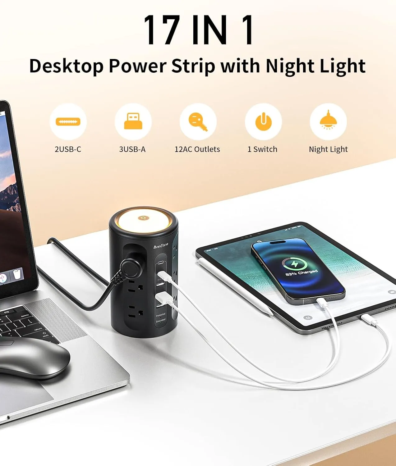 Power Strip Tower with Night Light, Power Strip Surge Protector with USB Ports, Extension Cord 10 FT with Multiple Outlets (12AC 3A 2C) for Home Office Desk DormRoom (Black)