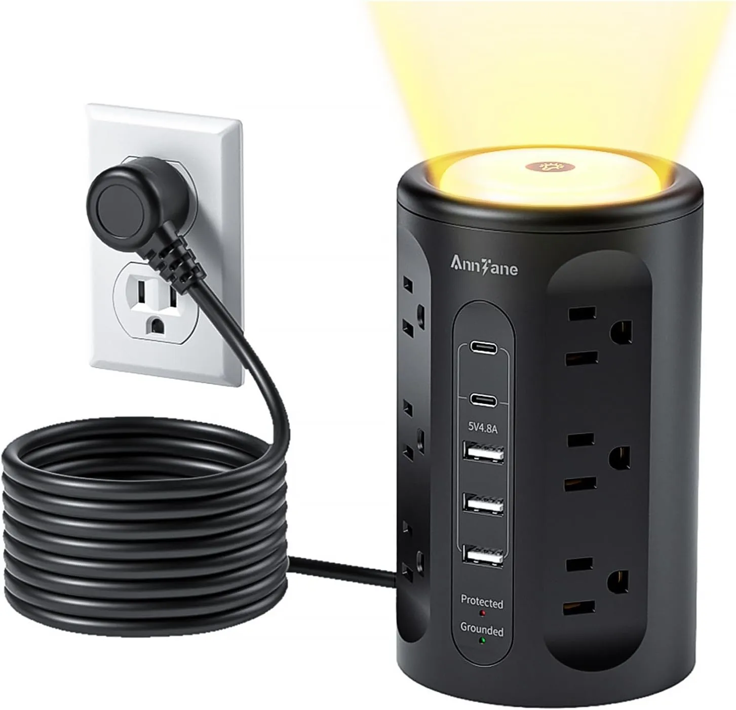 Power Strip Tower with Night Light, Power Strip Surge Protector with USB Ports, Extension Cord 10 FT with Multiple Outlets (12AC 3A 2C) for Home Office Desk DormRoom (Black)