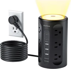 Power Strip Tower with Night Light, Power Strip Surge Protector with USB Ports, Extension Cord 10 FT with Multiple Outlets (12AC 3A 2C) for Home Office Desk DormRoom (Black)