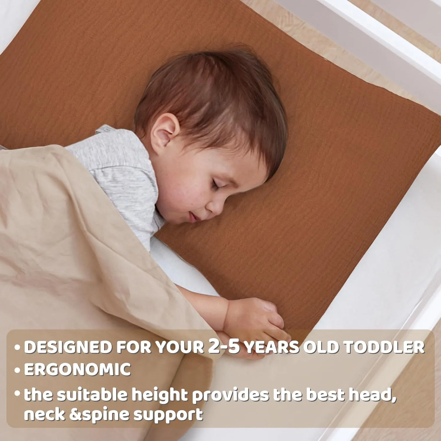 Pro Goleem Toddler Pillow with Muslin Cotton Pillowcase, 13x18 Soft Toddler Pillows for Sleeping Kids Pillow Child Pillow Machine Washable Perfect for Bed, Toddler Cot and Travel, Brown