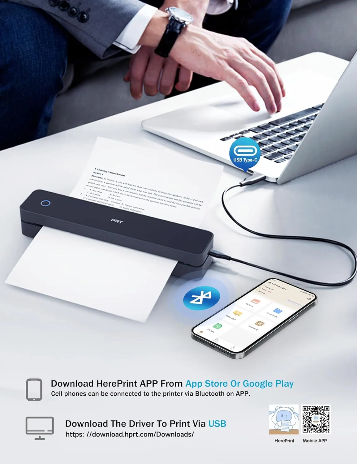PRT Portable Printer Wireless for Travel, Bluetooth Thermal Printer Support 8.5" X 11" US Letter A4 A5, Compatible with iPhone, Android & Laptop, Inkless for Office, Home, School, Dark