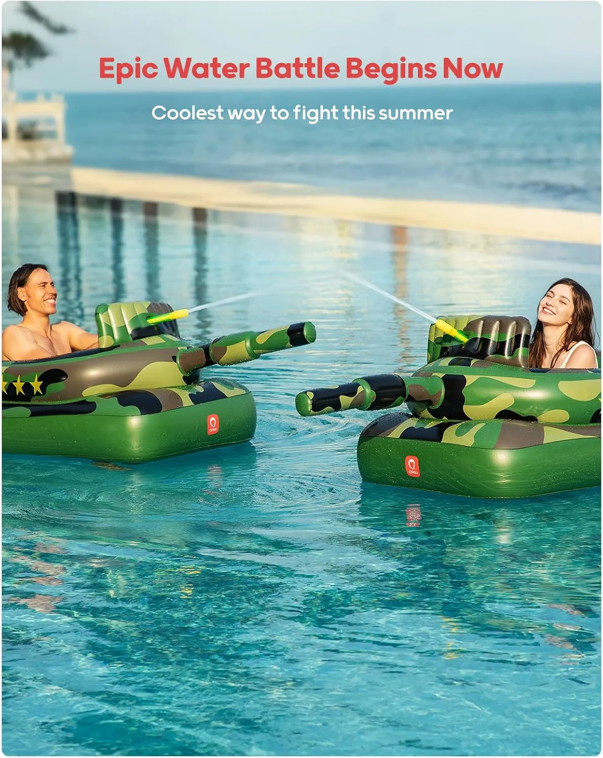 QPAU Inflatable Tank Pool Float for Adults & Kids – Ride-On Camouflage Floaty with Water Cannon, Swim Raft Toy for Boys Girls Ages 6 , Lake Beach Backyard Party Floaties