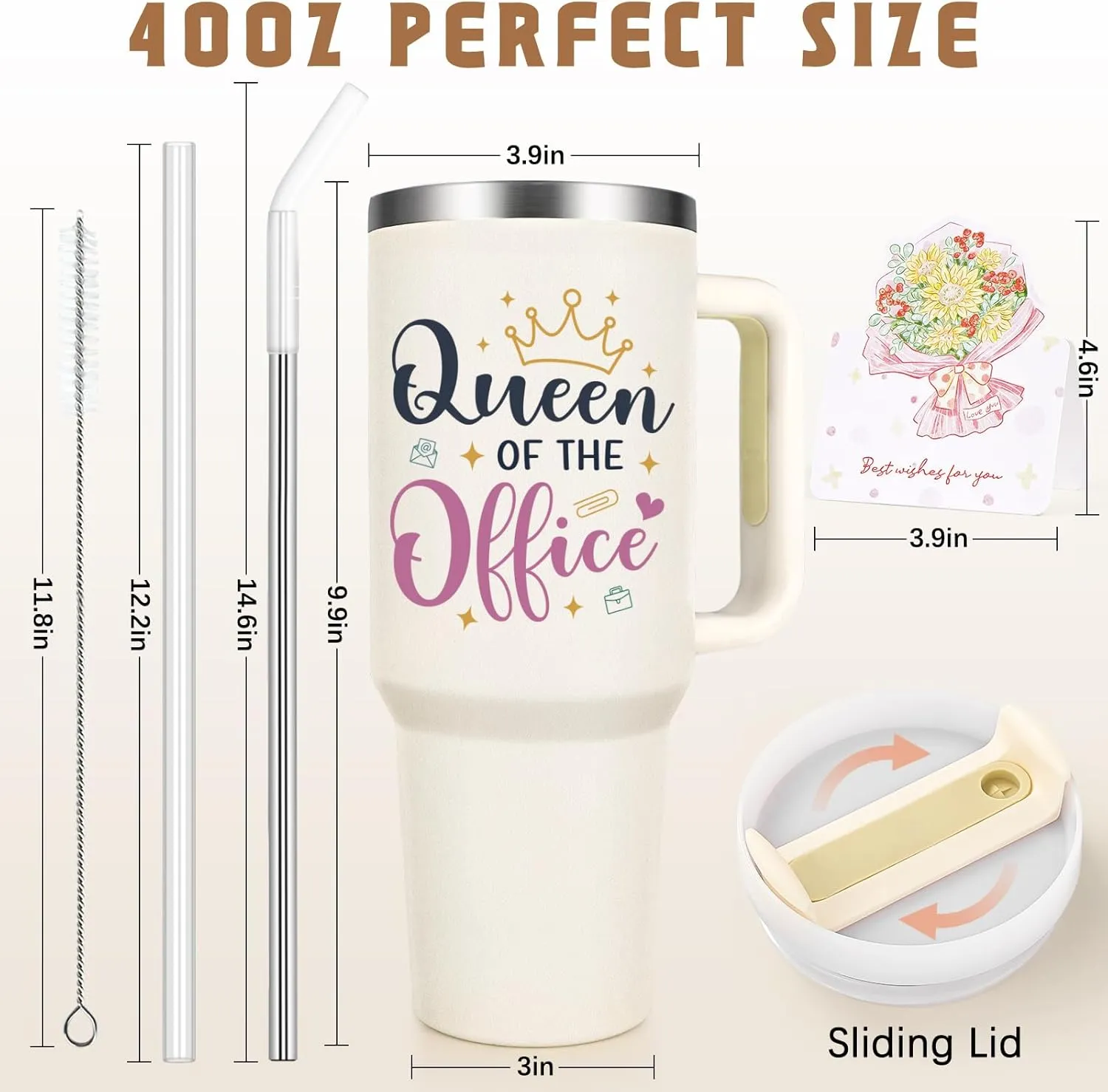 Qtencas Administrative Assistant Gifts, Administrative Professional Day Gifts, Queen of the Office Assistant Appreciation Gift, 40 Oz Insulated Travel Tumbler, Secretary Christmas Birthday Gift