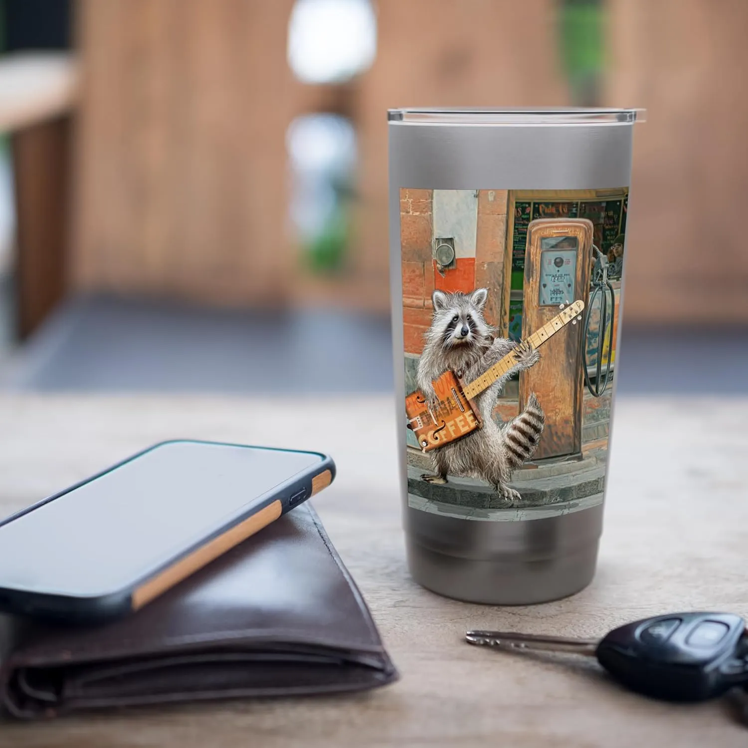 Raccoon Guitar Player Vintage Coffee Guitar Gas Pump Pop Art Stainless Steel Insulated Tumbler