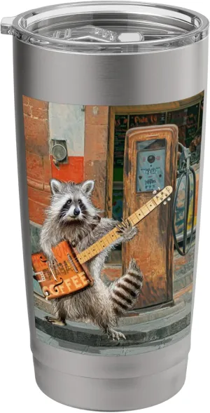 Raccoon Guitar Player Vintage Coffee Guitar Gas Pump Pop Art Stainless Steel Insulated Tumbler