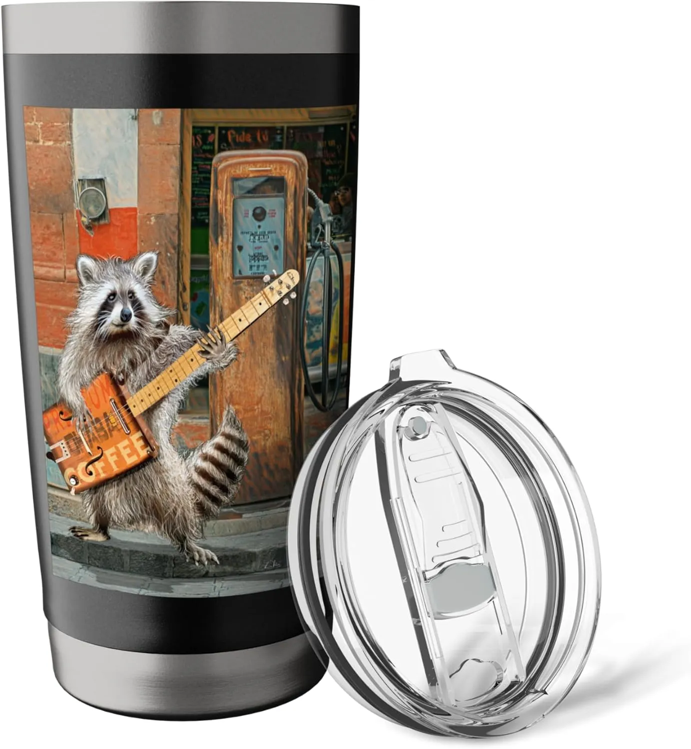 Raccoon Guitar Player Vintage Coffee Guitar Gas Pump Pop Art Stainless Steel Insulated Tumbler
