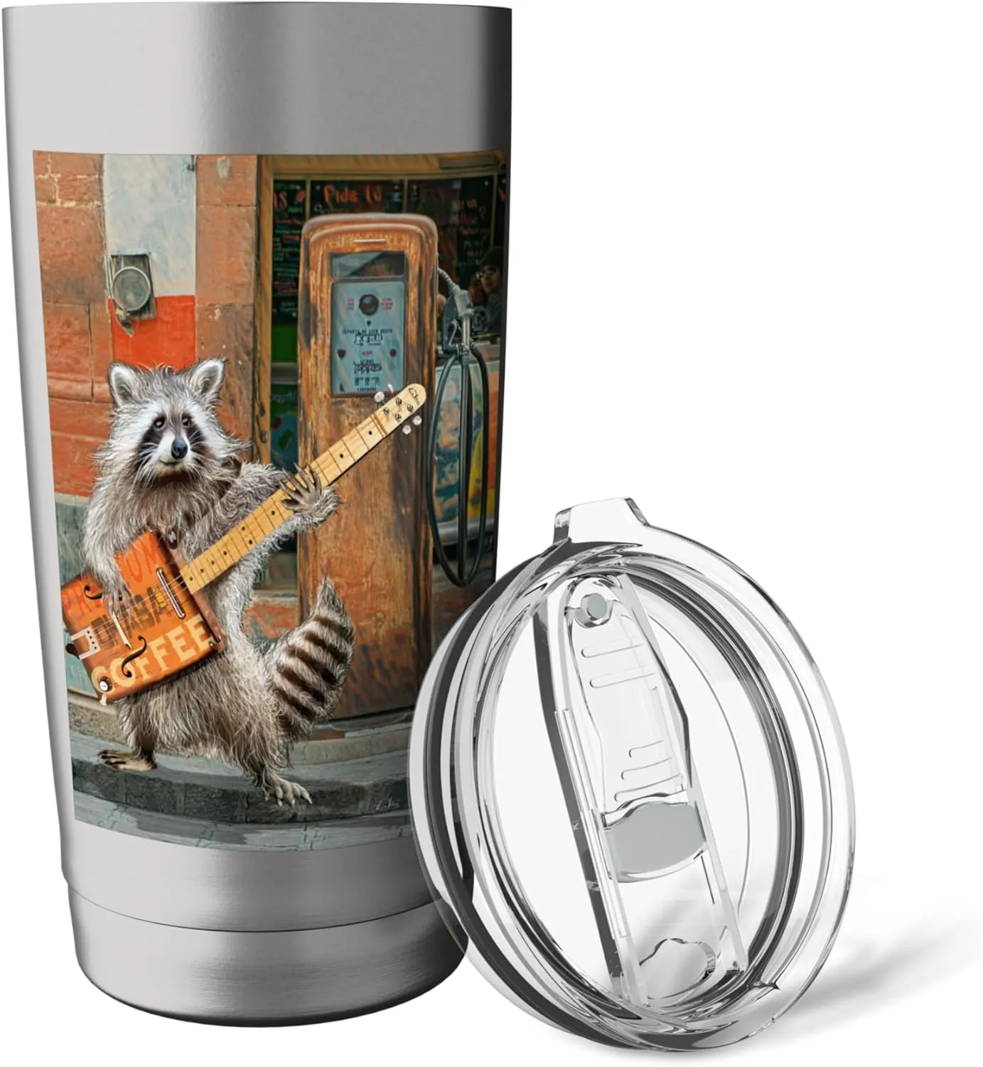 Raccoon Guitar Player Vintage Coffee Guitar Gas Pump Pop Art Stainless Steel Insulated Tumbler