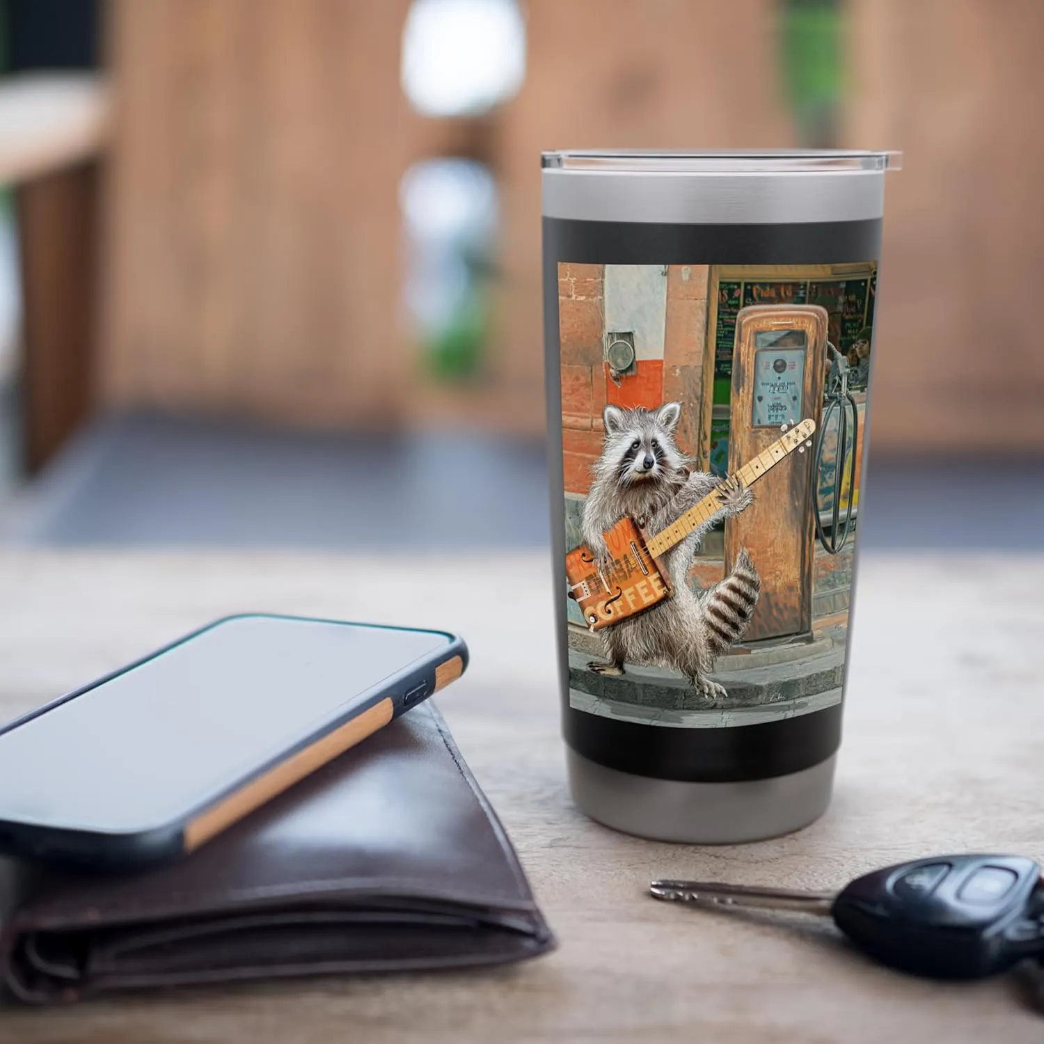 Raccoon Guitar Player Vintage Coffee Guitar Gas Pump Pop Art Stainless Steel Insulated Tumbler