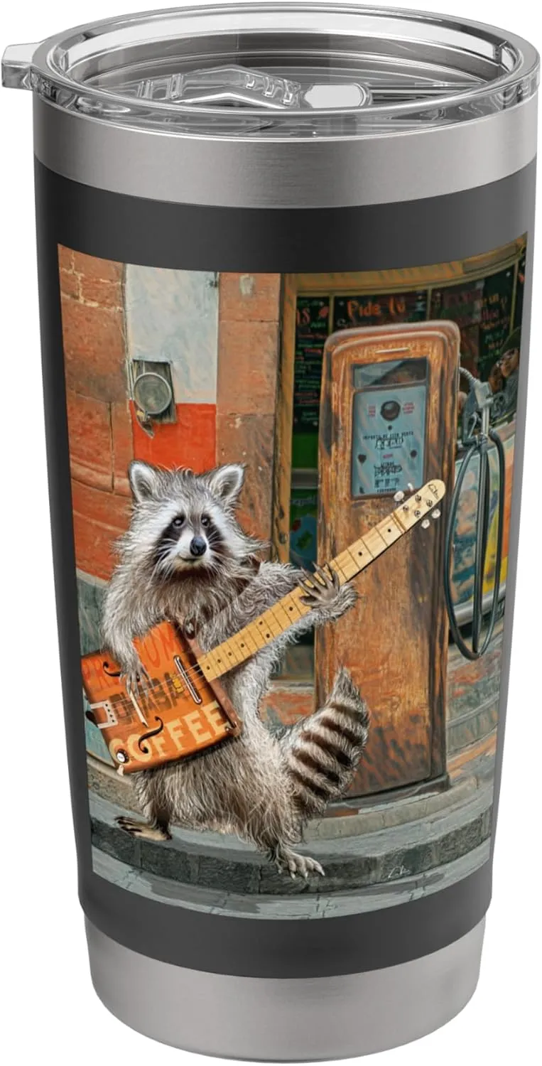 Raccoon Guitar Player Vintage Coffee Guitar Gas Pump Pop Art Stainless Steel Insulated Tumbler