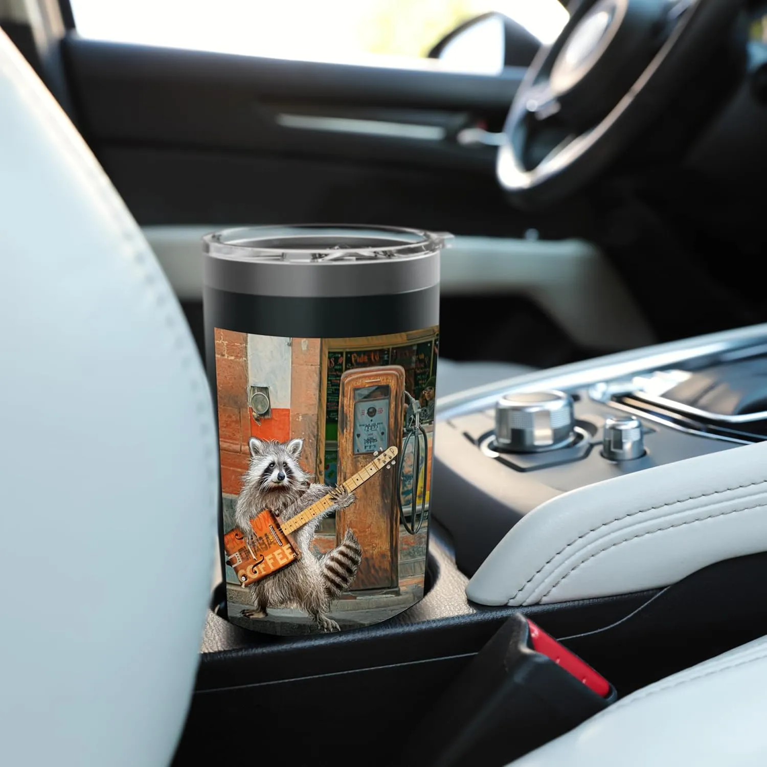 Raccoon Guitar Player Vintage Coffee Guitar Gas Pump Pop Art Stainless Steel Insulated Tumbler