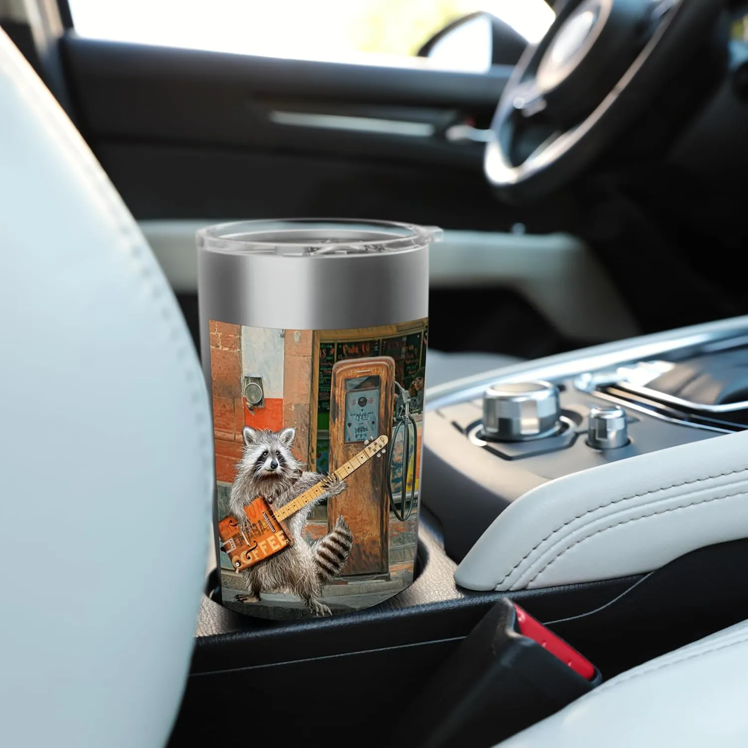 Raccoon Guitar Player Vintage Coffee Guitar Gas Pump Pop Art Stainless Steel Insulated Tumbler